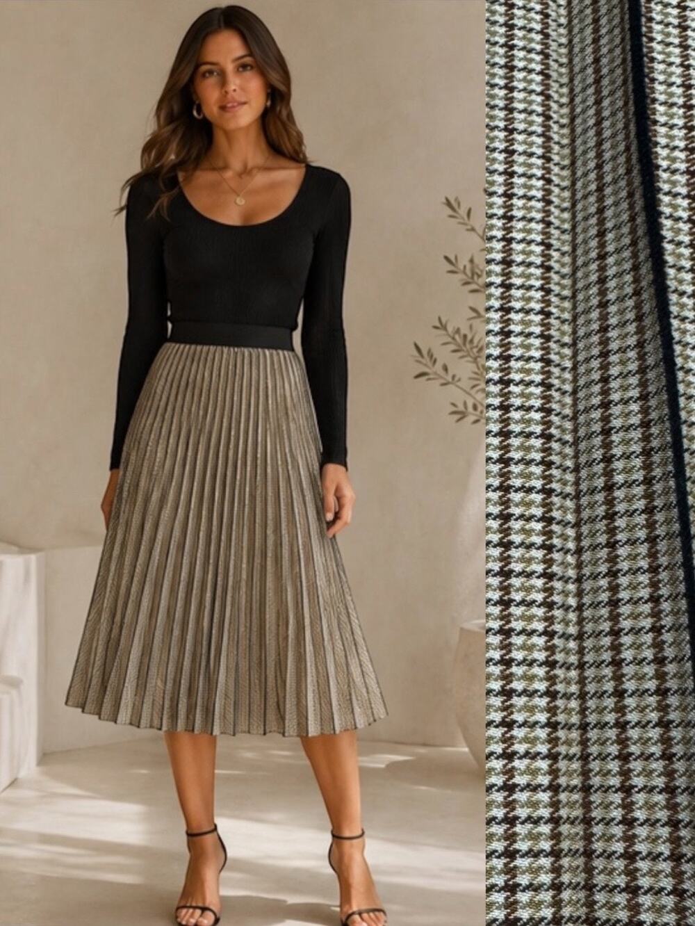 Lucy Paris Pleated Plaid Midi Skirt Size Small Brown Black Elastic Waist